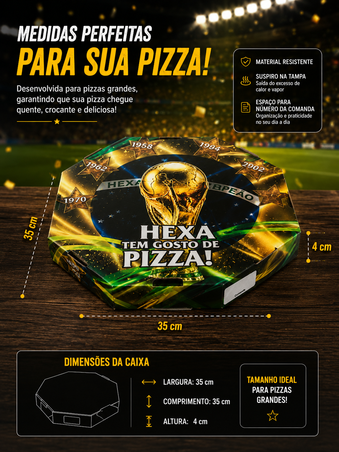 CAIXA DE PIZZA COPA DO MUNDO 35cm— RUMO AO HEXA CAMPEÃO! - Imagem 3